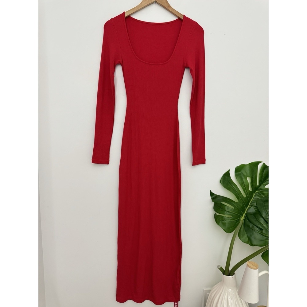 Pumiey Long Sleeve Ribbed Maxi Dress Size Xsmall Red